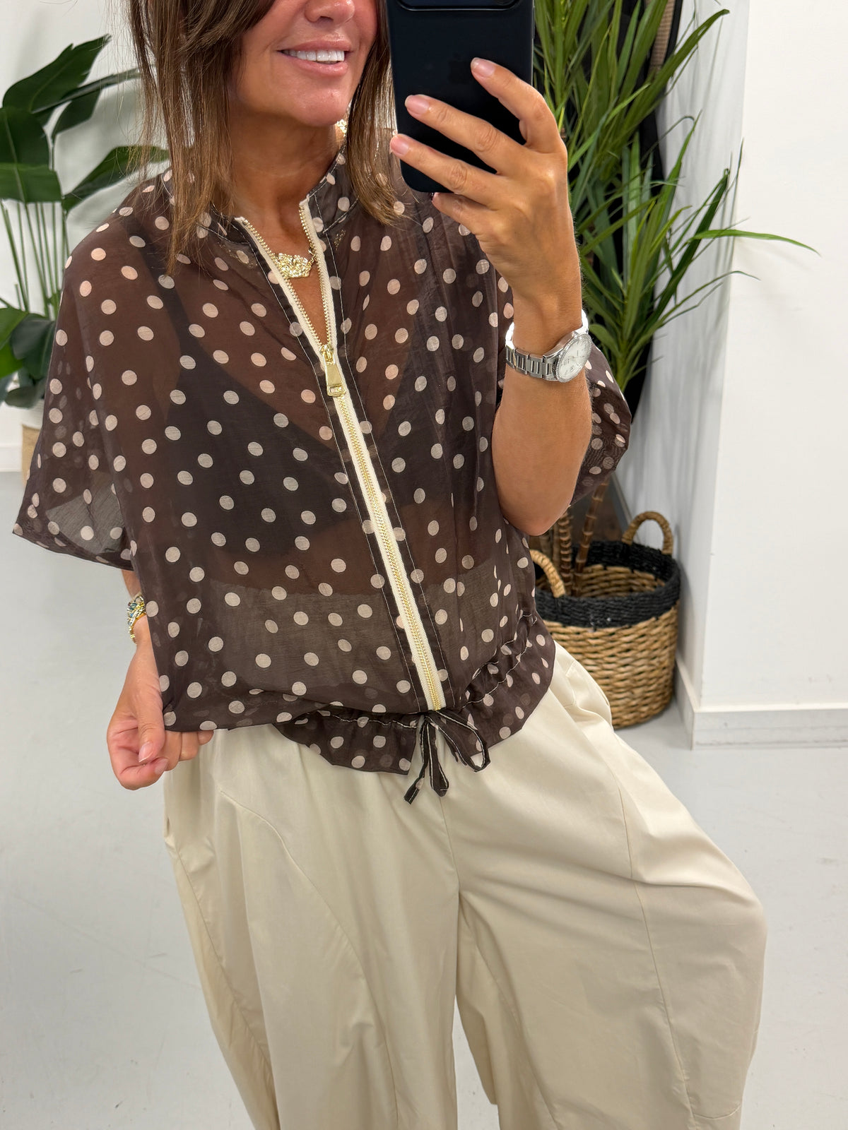 Lightweight Cropped Sleeve Jacket - Dark Polka