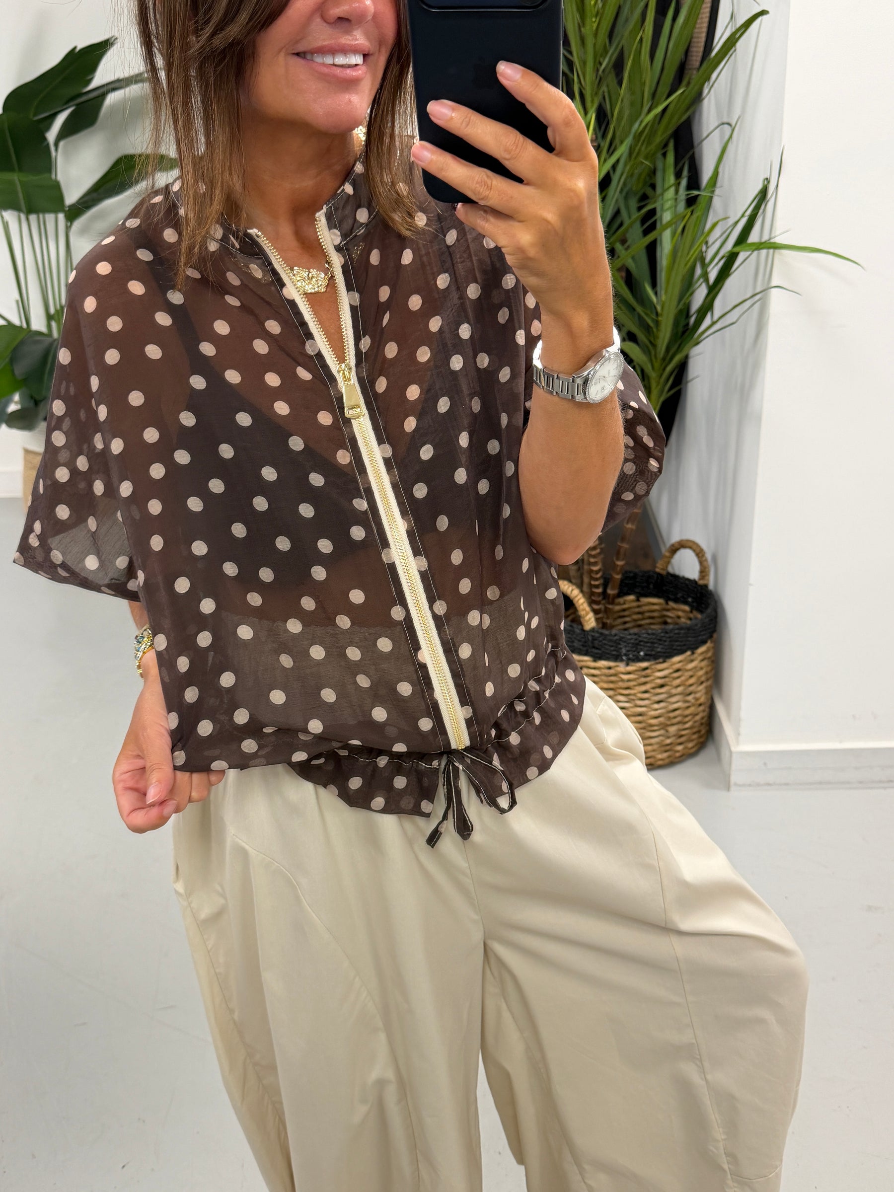 Lightweight Cropped Sleeve Jacket - Dark Polka