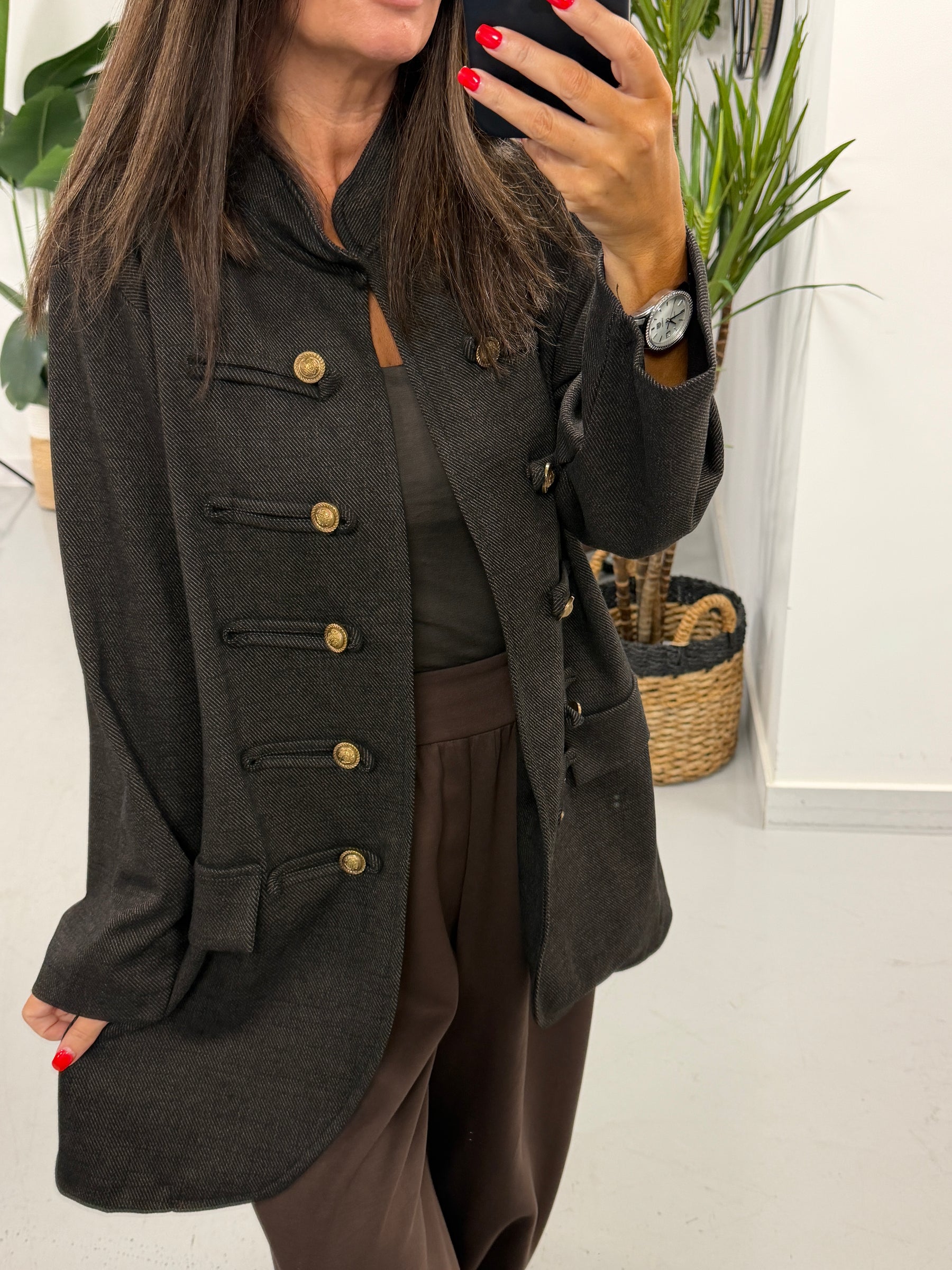 The Long Line Herringbone Style  Military Jacket - Chocolate