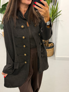 The Long Line Herringbone Style  Military Jacket - Chocolate