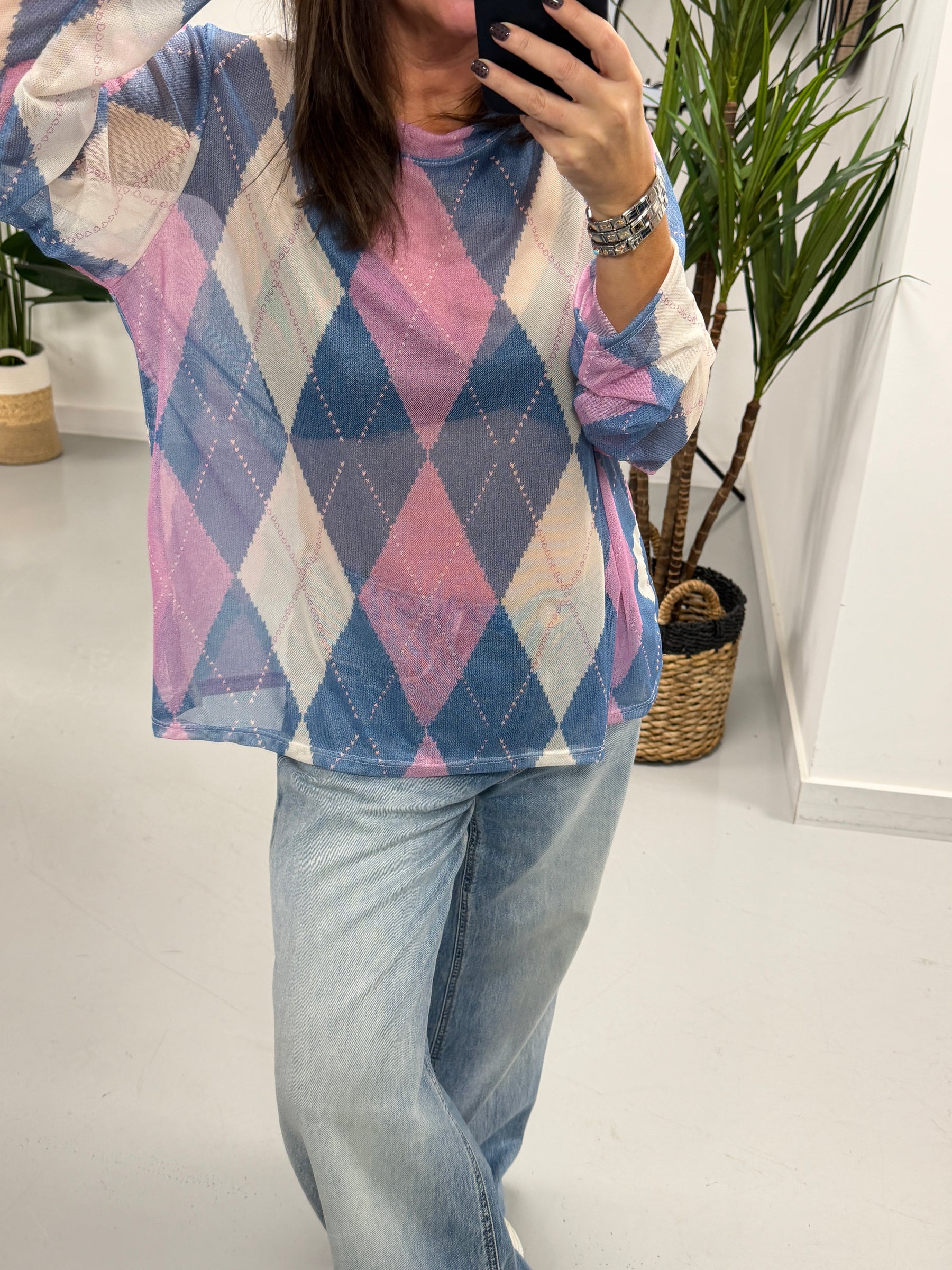 The Tartan Mesh Top - Denim Blue/Pink