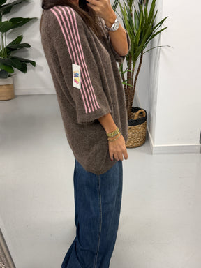 Stripe Long Line Knit  - Mocha/Pink