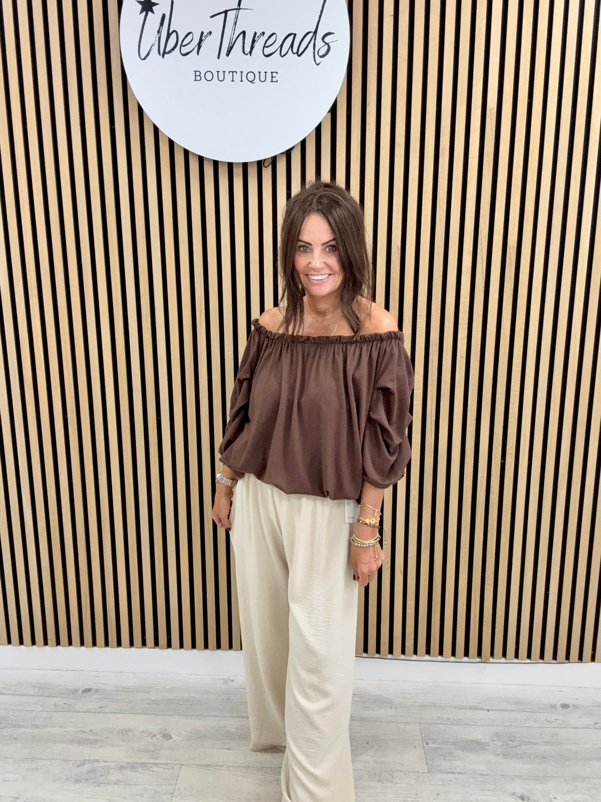 The Soft Knit Palma Puff Sleeve Bardot- Chocolate