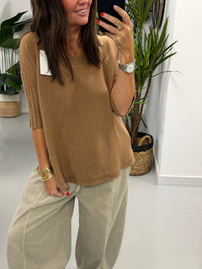 Crop Sleeve Boat Neck Knit - Camel (Size 10 - 16)