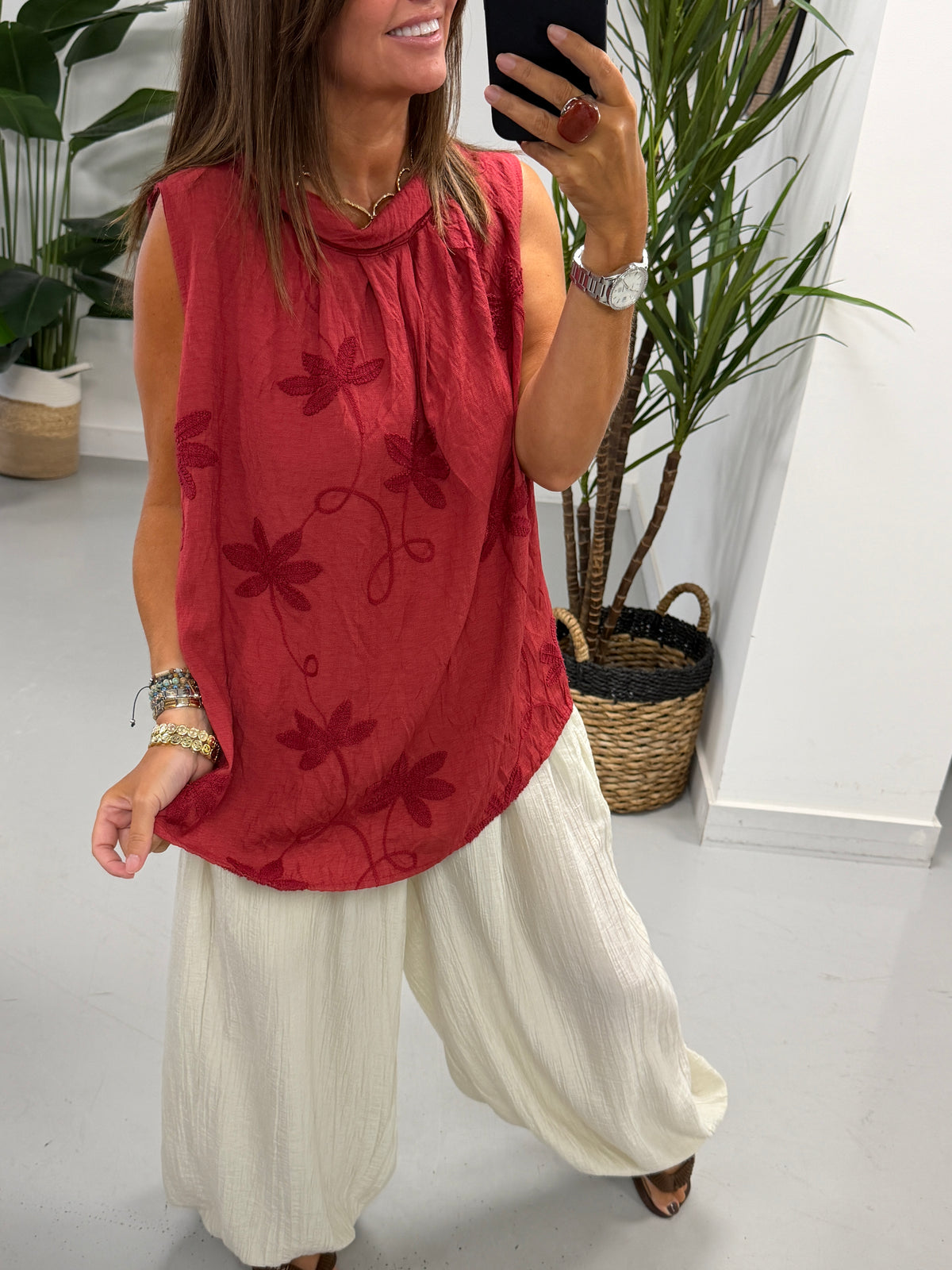 Reverse Collar Embroidered Tunic - Wine