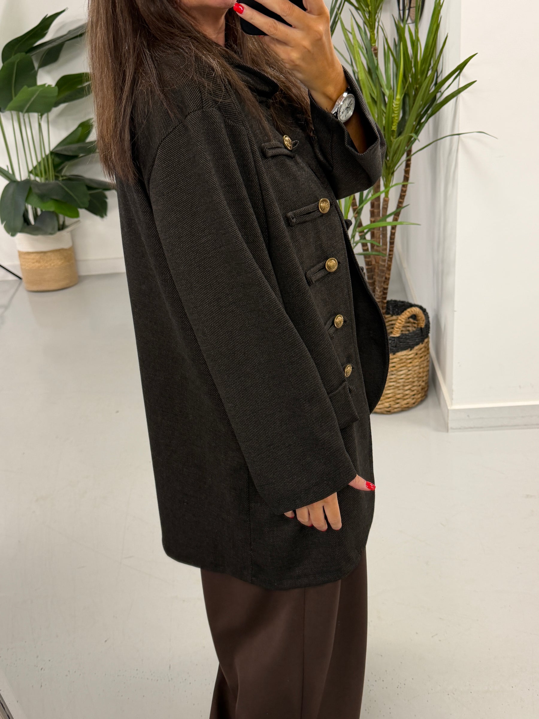 The Long Line Herringbone Style  Military Jacket - Chocolate