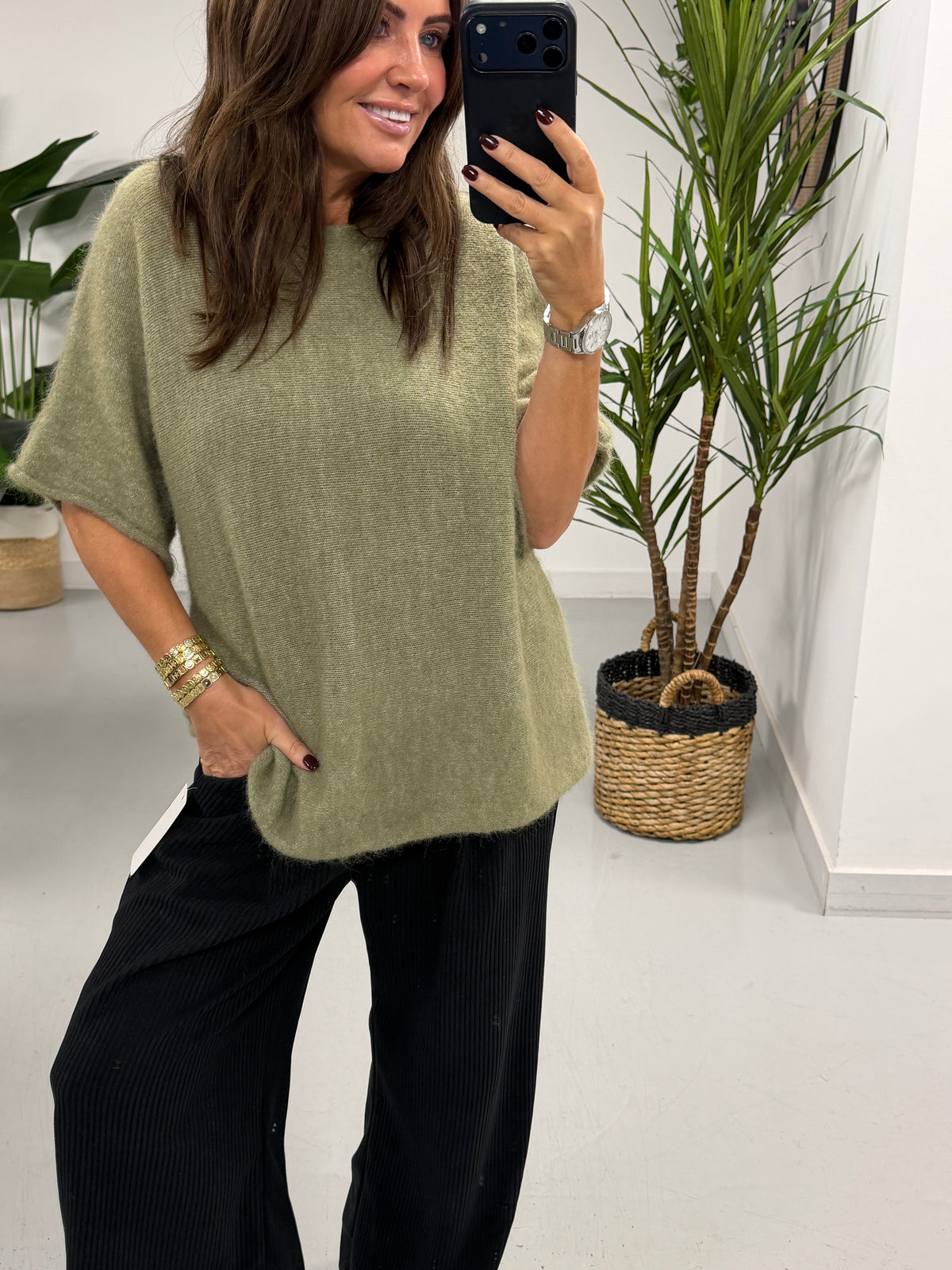 Sofia Soft Knit Crop Sleeve Knit Jumper - Sage Green (Size 10-16)