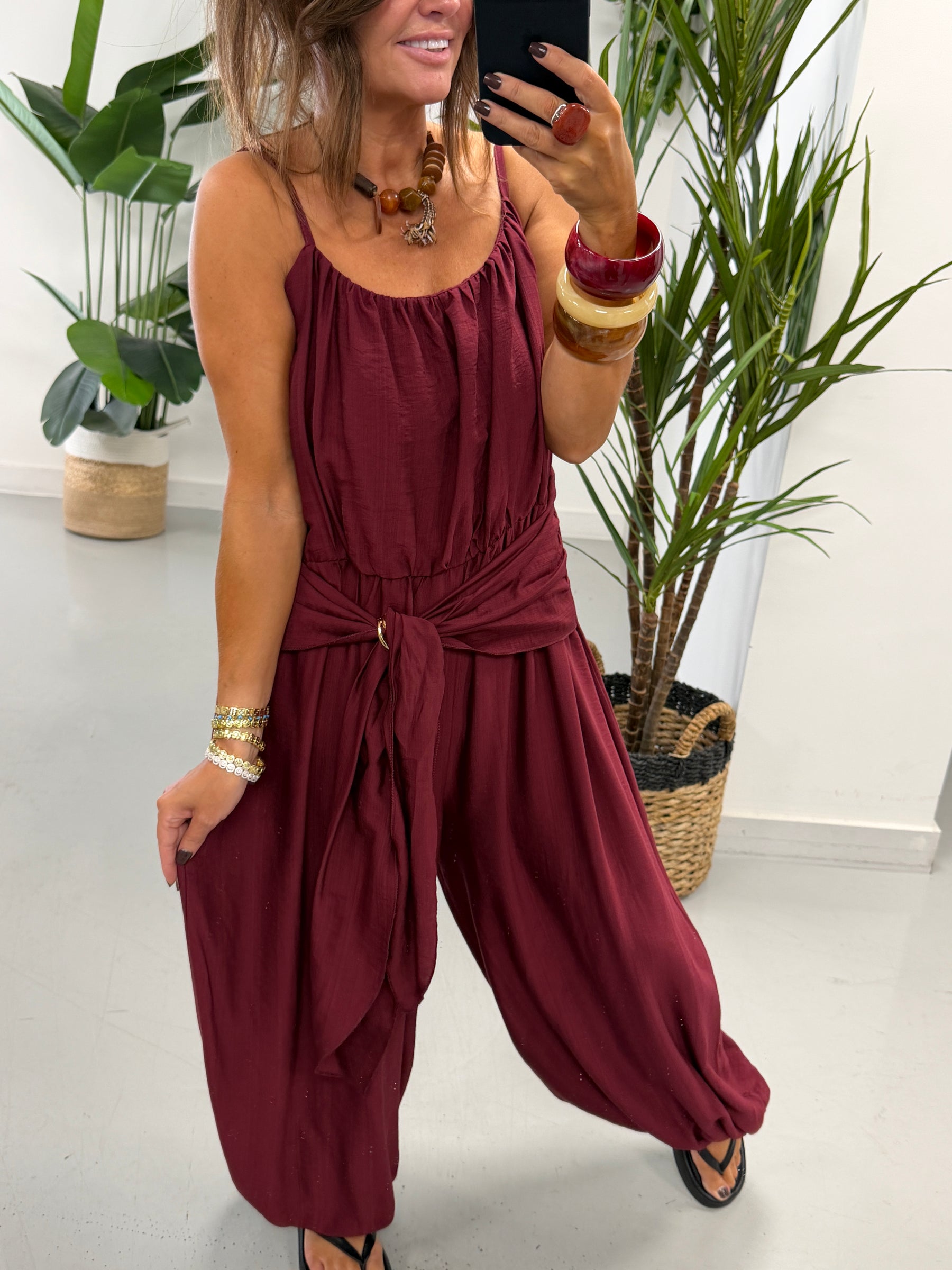 Wrap Crinkle Balloon Jumpsuit Wine 10-16