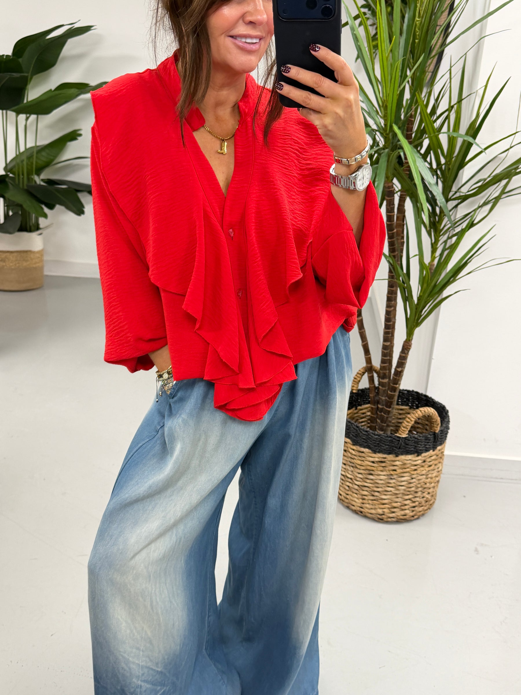 Luna ButtonFrill Blouse - Red