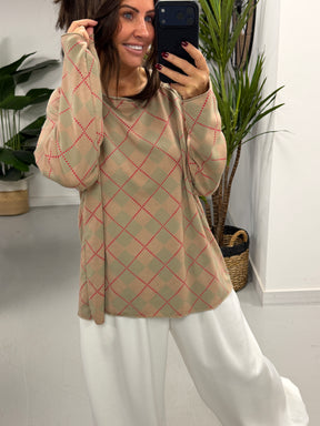 Argyle Boxy Sweat- Mocha/Green  (Size 12-16)