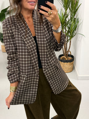 Plaid Ruched Sleeve Blazer - Chocolate Check  (Plus sizes)