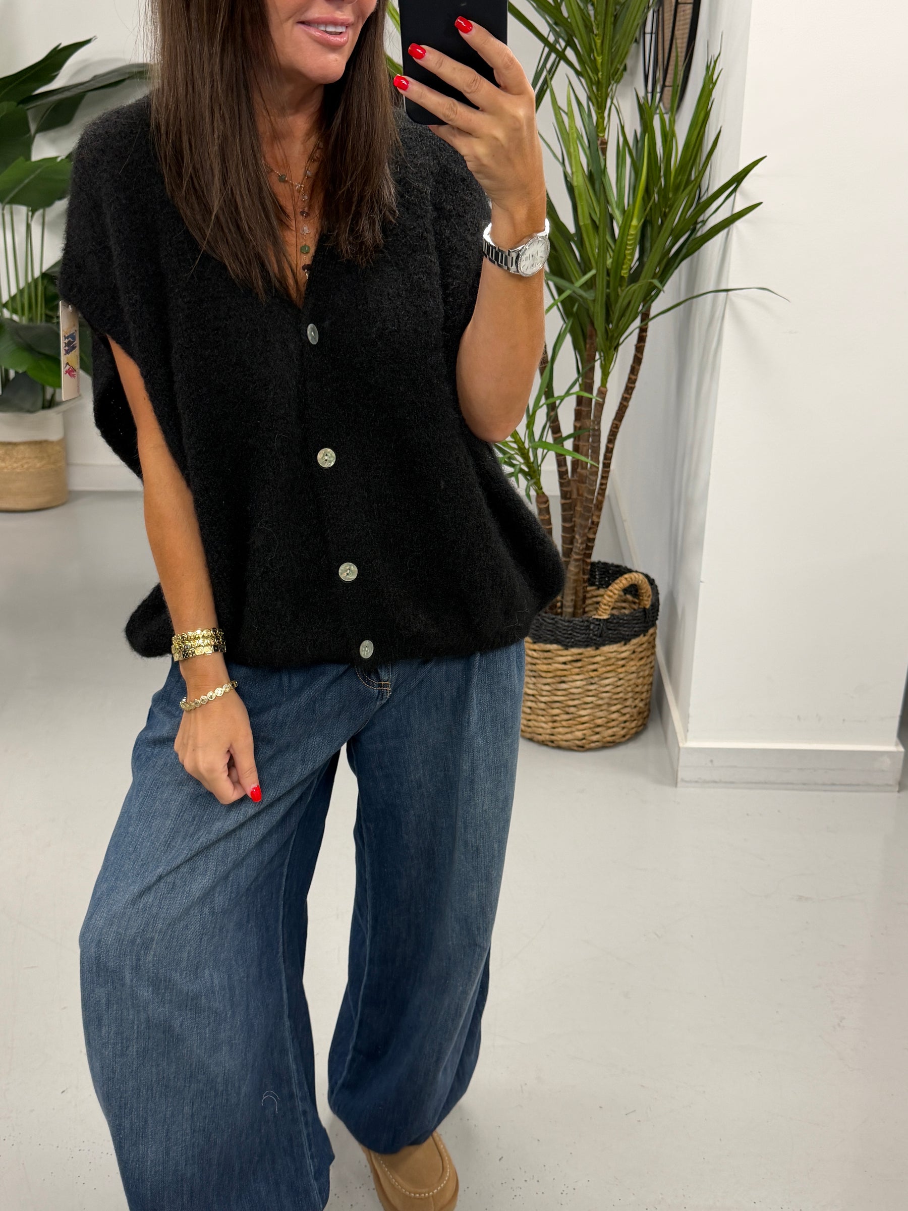 Button Up Slouchy Crop Sleeve Knit - Black