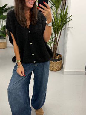 Button Up Slouchy Crop Sleeve Knit - Black