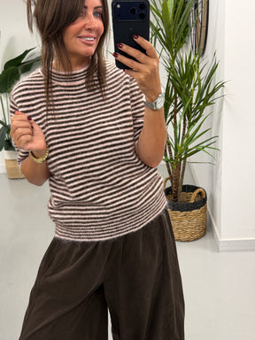 Stripe Crop Sleeve Knit  - Chocolate/Pink (Size 8-14)