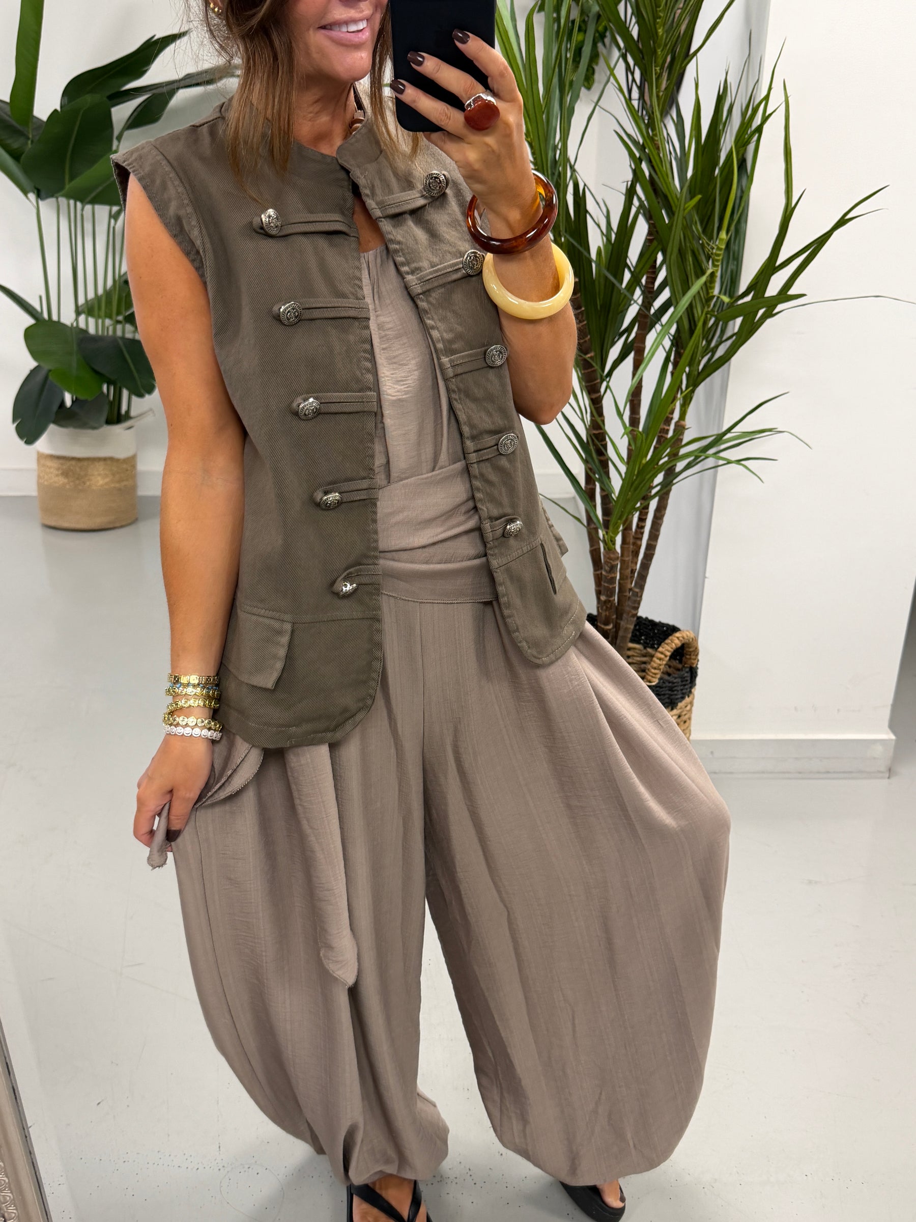 Denim Military Waistcoat - Taupe