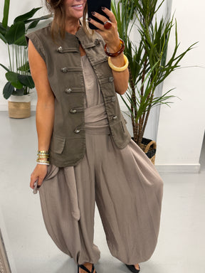Denim Military Waistcoat - Taupe