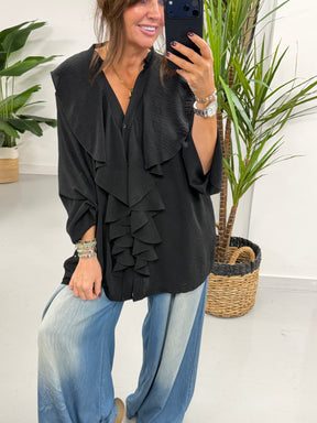 Luna Button Frill Blouse - Black