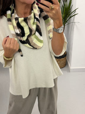 Wool Mix Neckerchief Stripe Scarf - Black/Taupe/Lemon