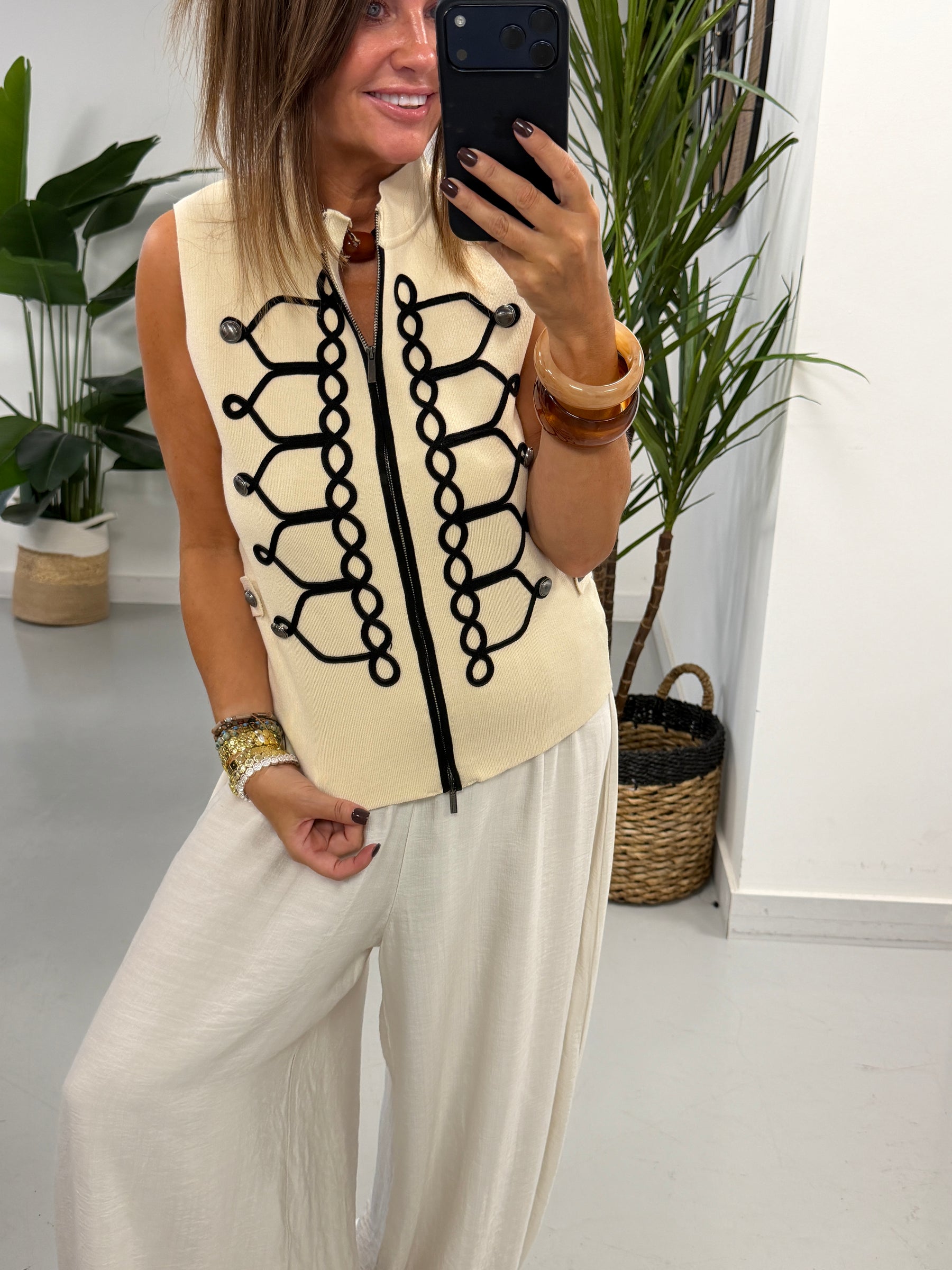 Military Patterned Knitted Waistcoat - Camel/Black