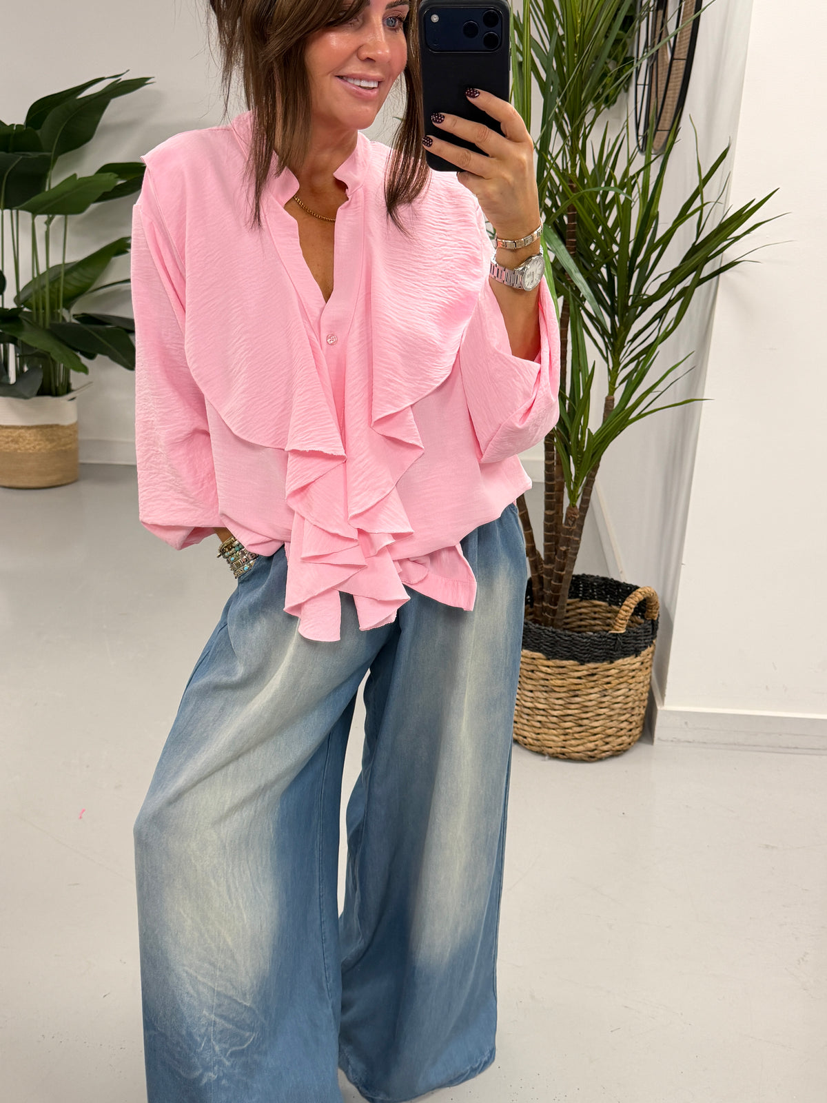 Luna Button Frill Blouse - Pink