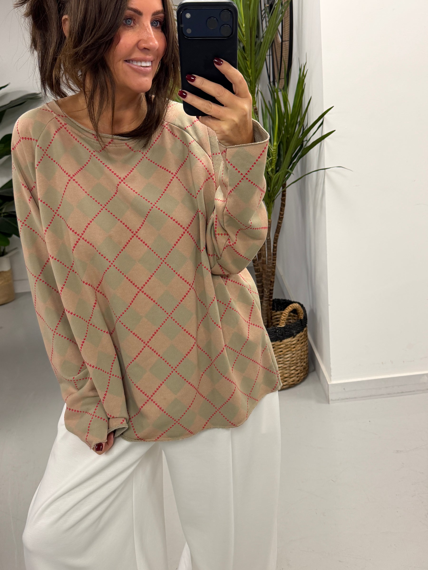 Argyle Boxy Sweat- Mocha/Green  (Size 12-16)