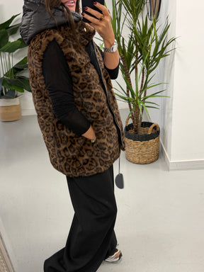 Fly Faux Fur Hooded Giilet  - Animal Print