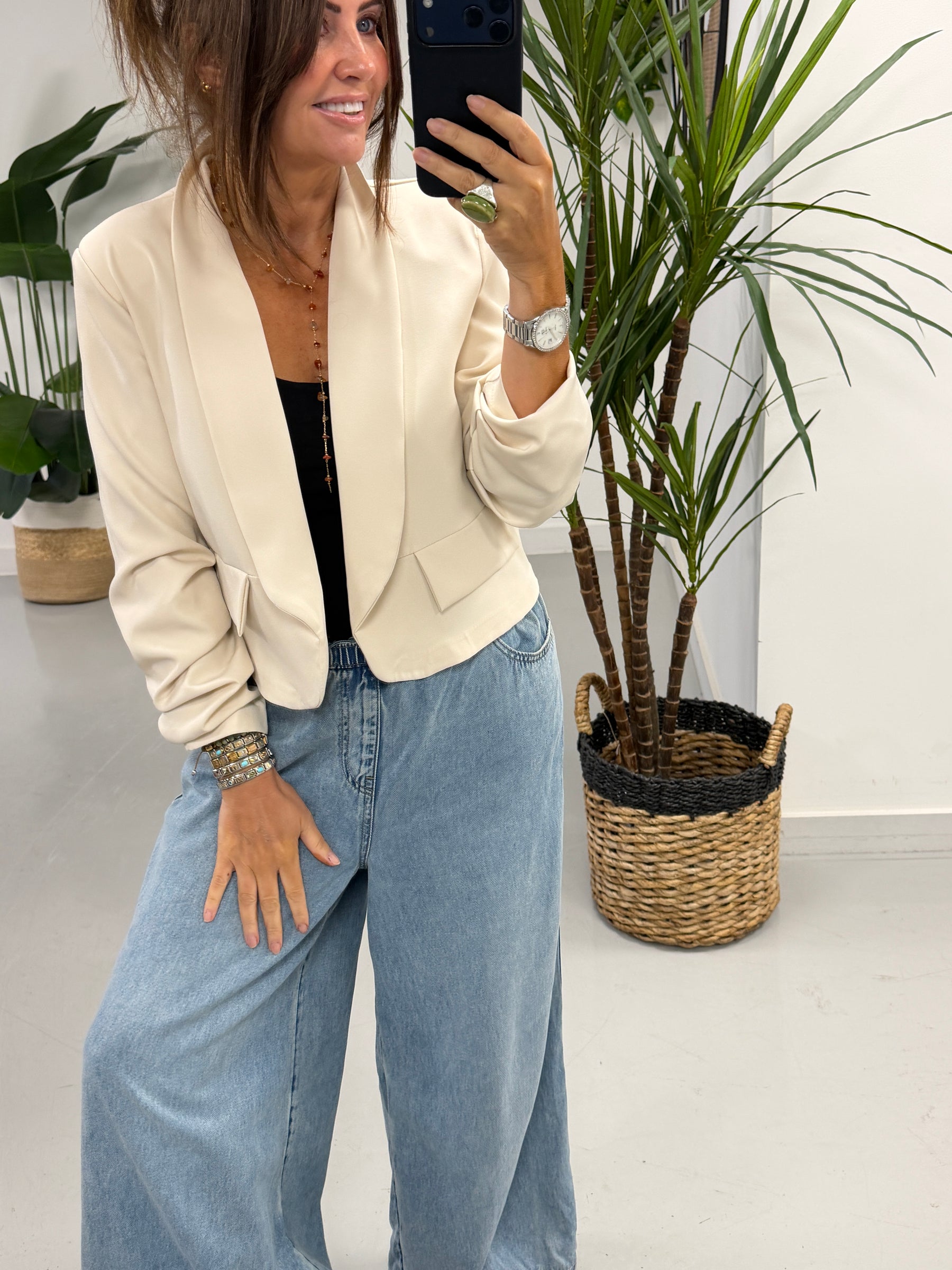 Ruched Sleeve Blazer - Cream