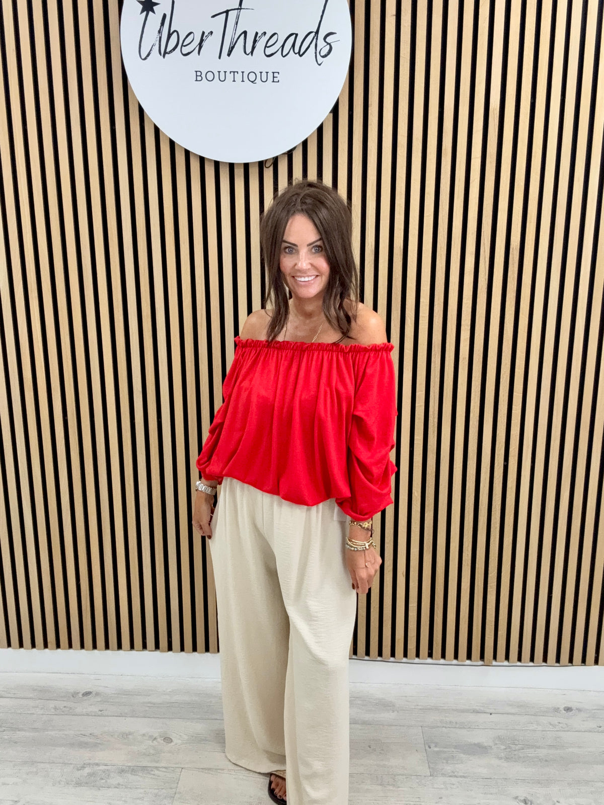 The Soft Knit Palma Puff Sleeve Bardot- Red
