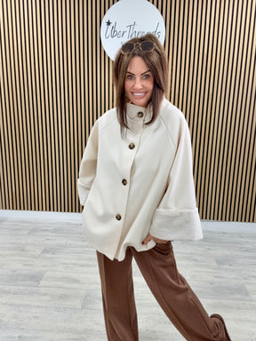 Faux Fur Sleeve Swing Jacket - Cream