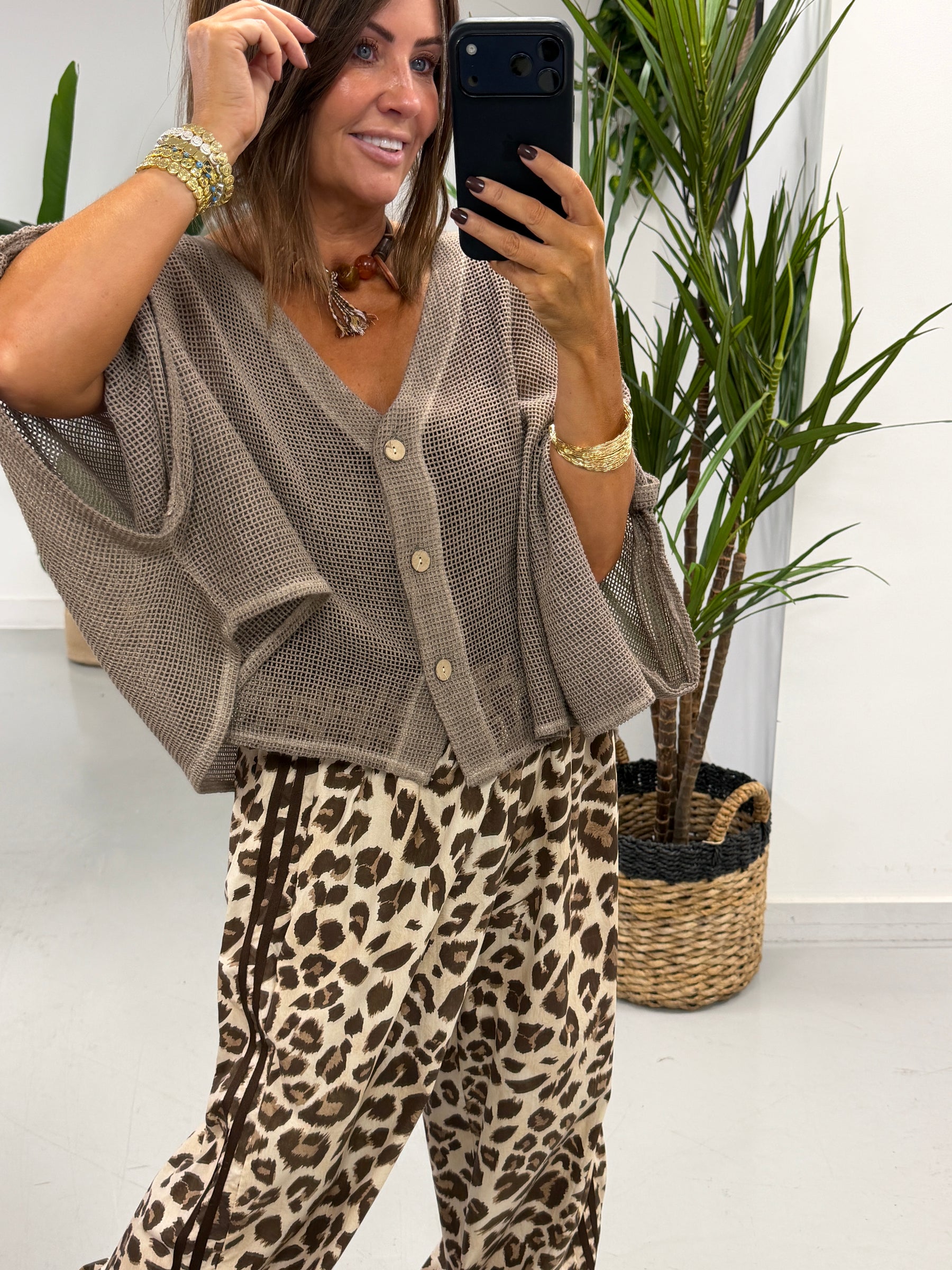 Mesh Button Cardigan - Taupe
