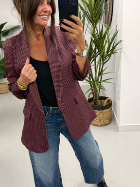 Ruched Sleeve Plaid Blazer - Wine  (Std sizes)