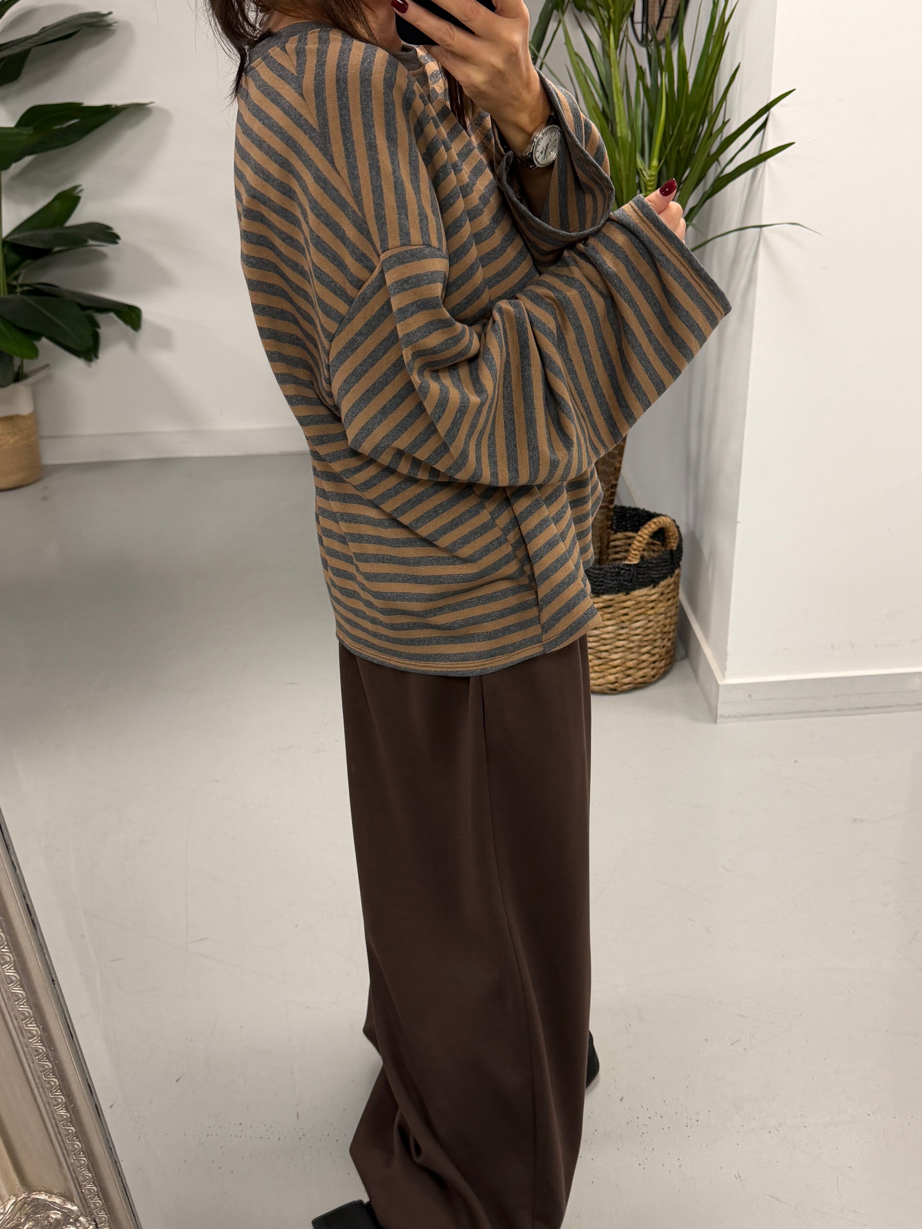 Sunset Stripe Boxy Sweat- Camel/Grey (Size 12-16)