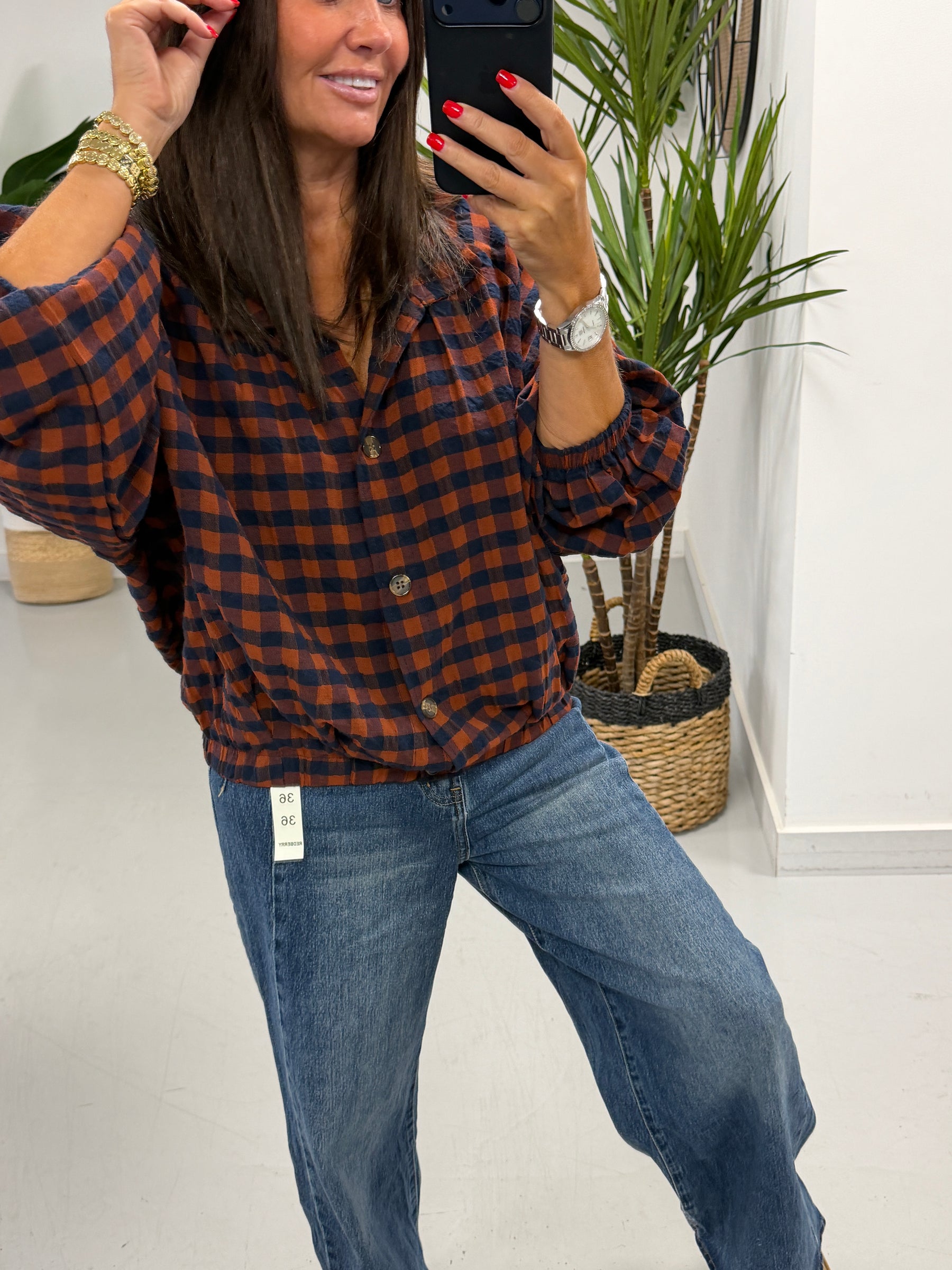 Autumn Check Button Up Bomber - Rust/Navy