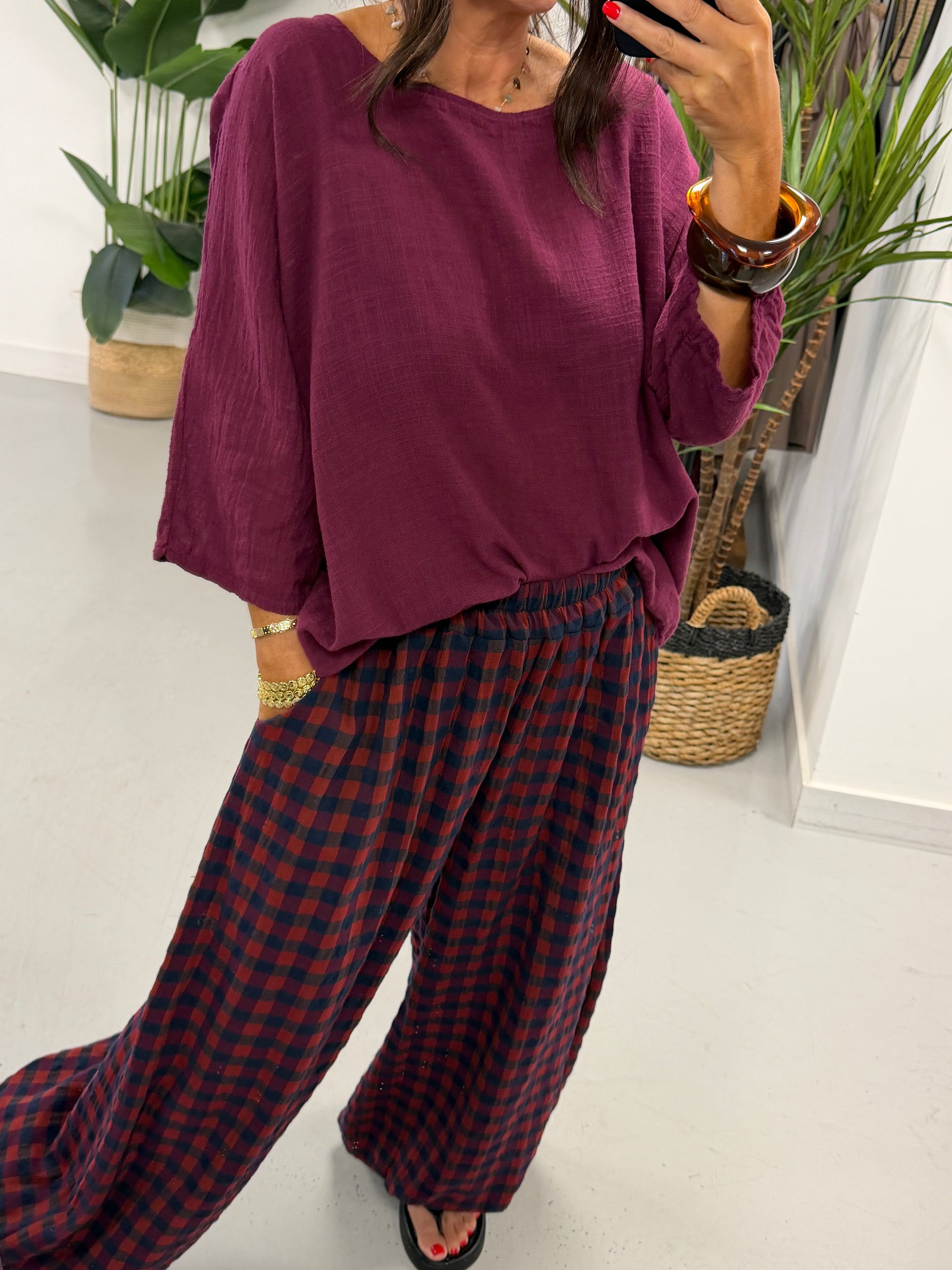 The Autumn Check Balloon Trousers - Wine/Navy