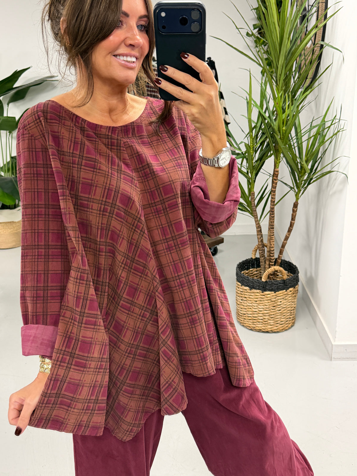 The Herritage Check Needlecord Tunic - Aubergine/Wine (Size 12-16)