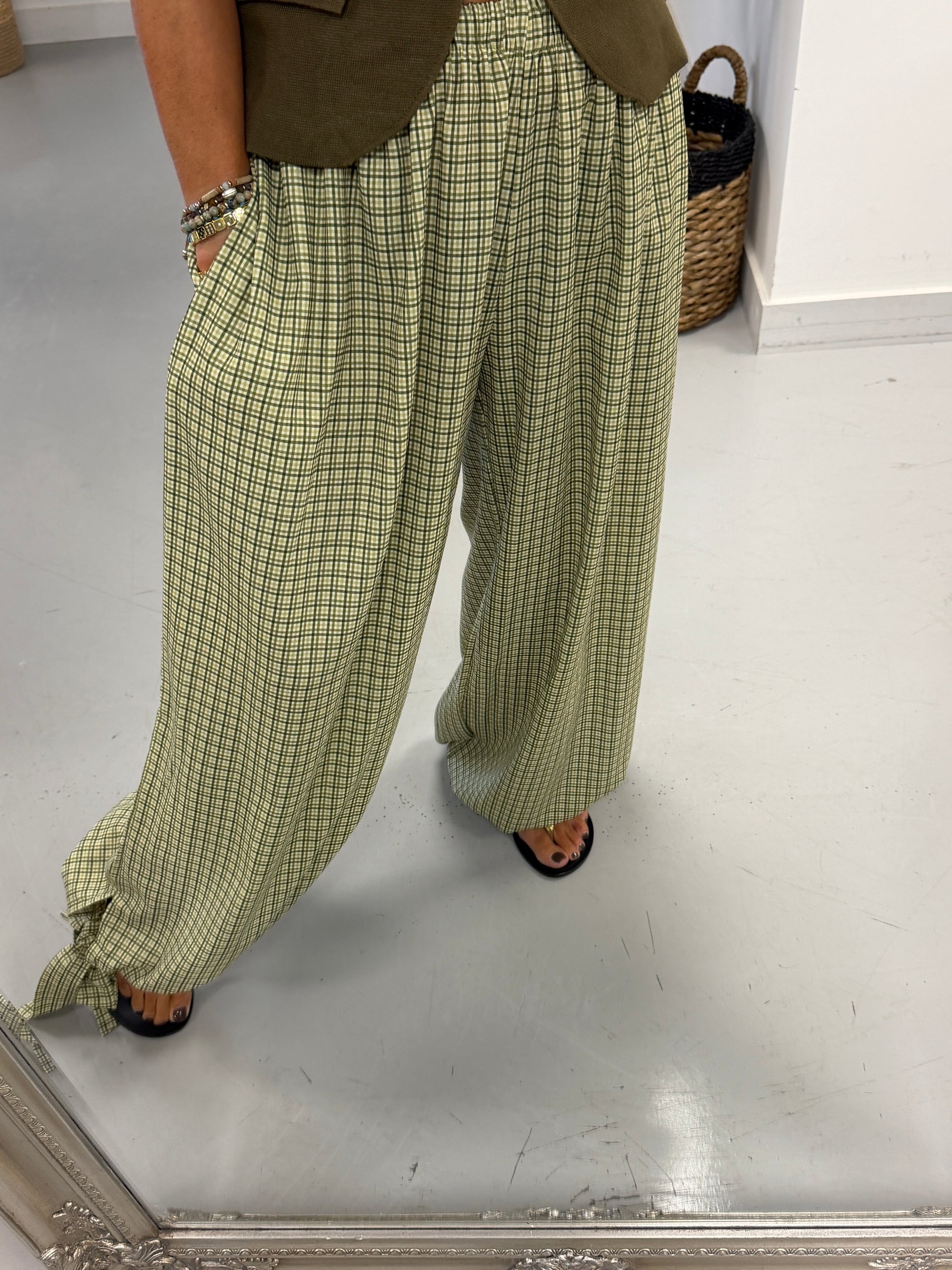 Checked Tie Cuff Trousers - Green
