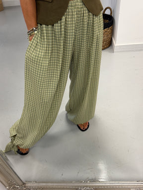 Checked Tie Cuff Trousers - Green