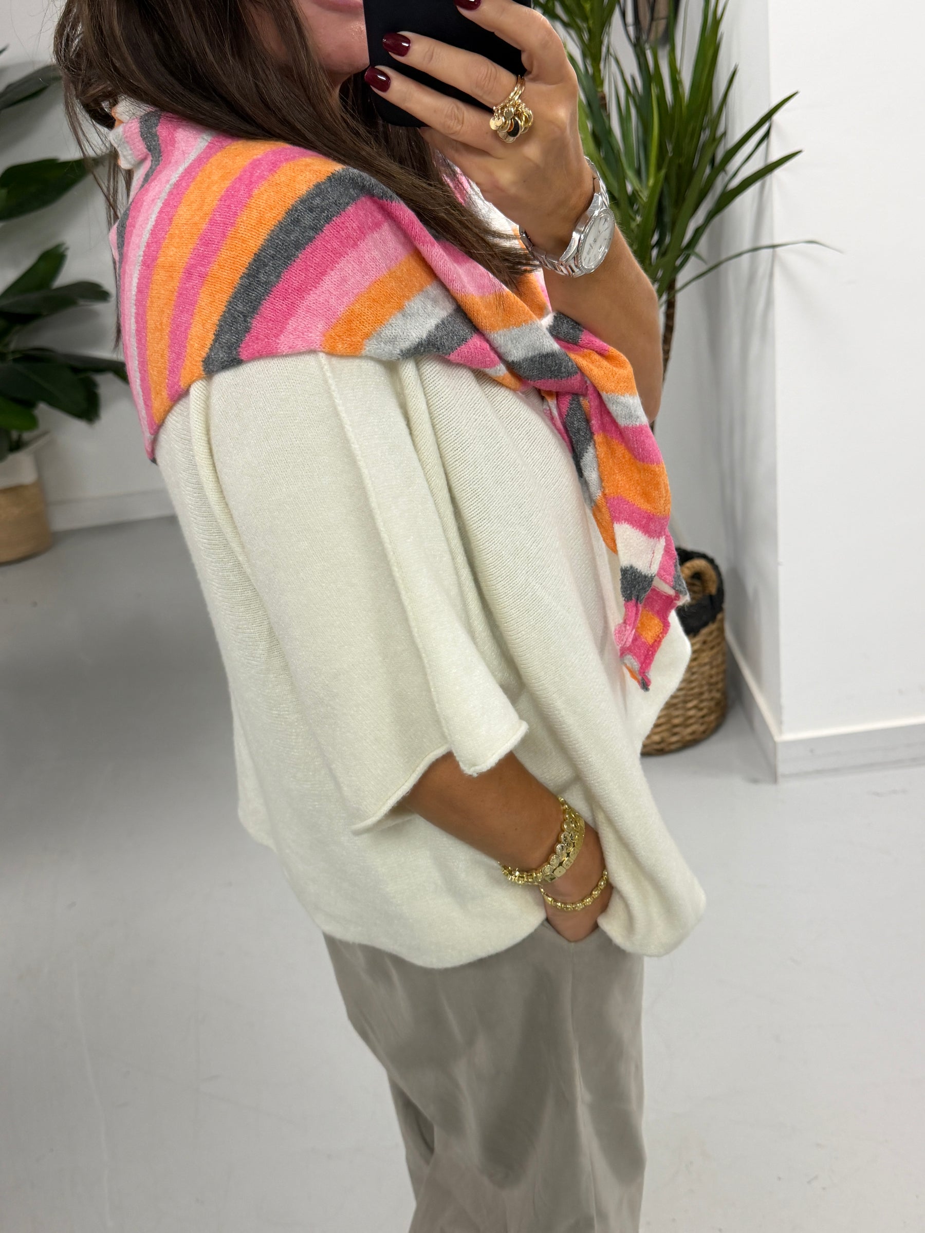 Wool Mix Neckerchief Stripe Scarf - Pink
