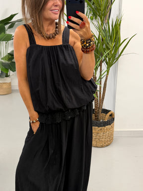 Crinkle Bubble Hem/Lace Cami - Black