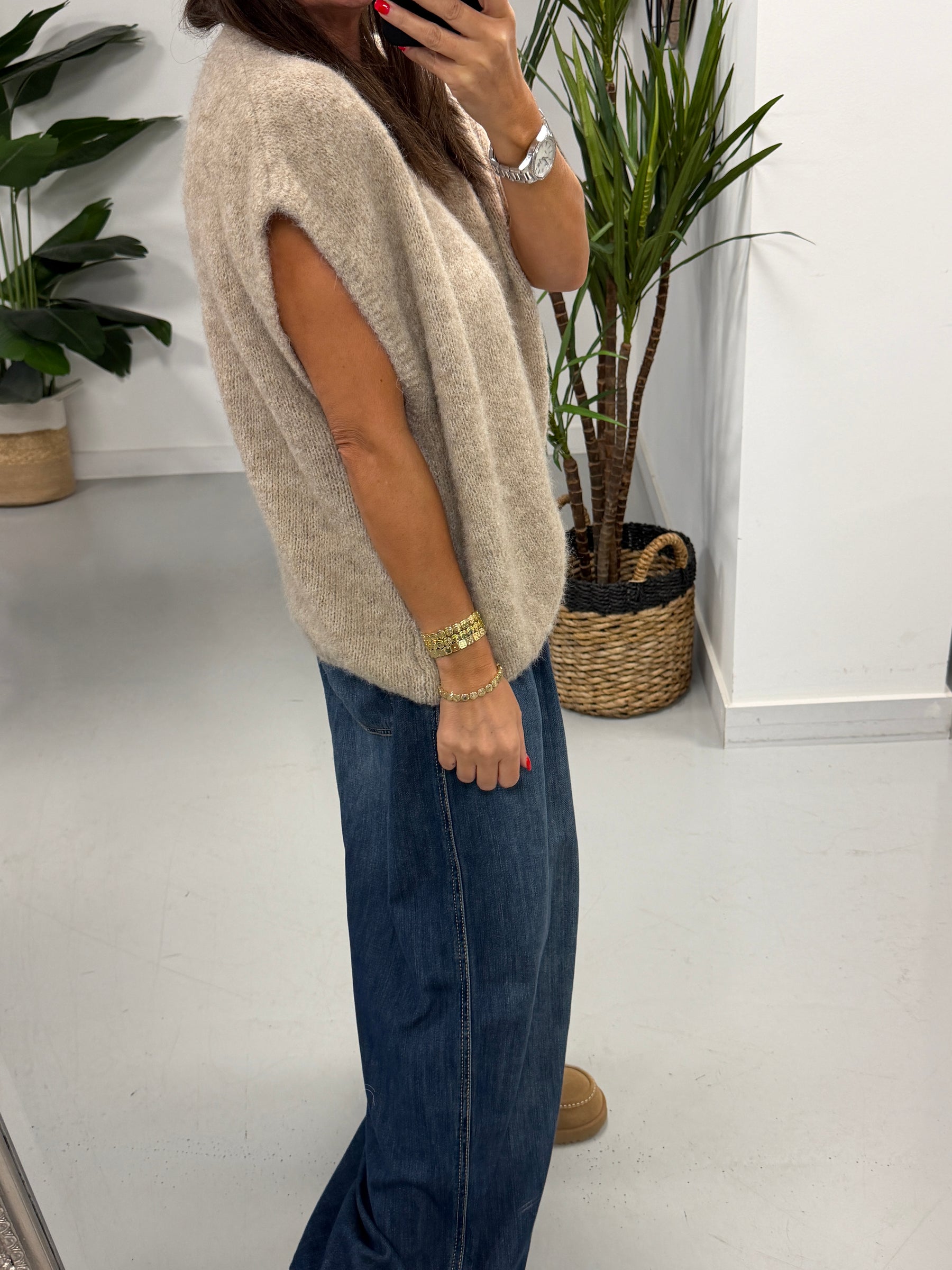 Button Up Slouchy Crop Sleeve Knit - Oatmeal