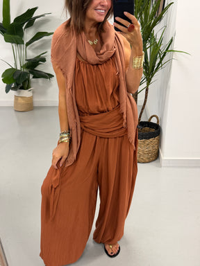 Wrap Crinkle Balloon Jumpsuit - Rust