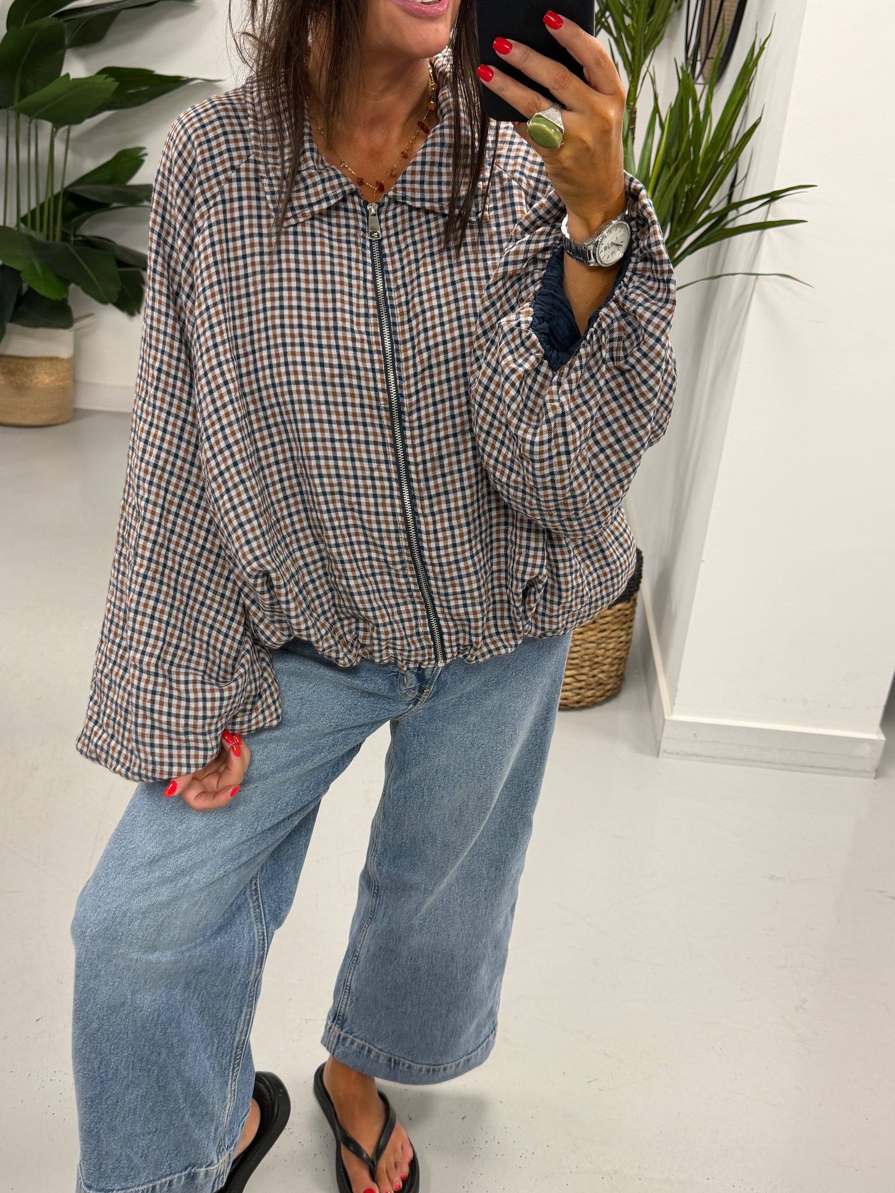 The Plaid Slouchy Bomber - Navy/Wine