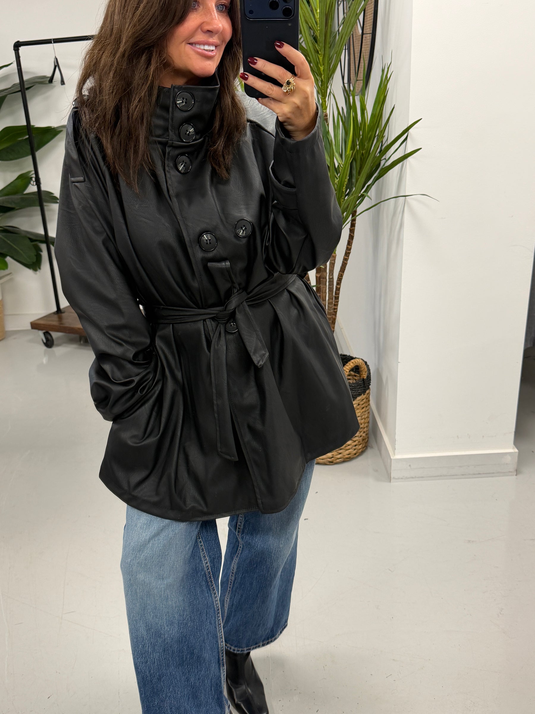 Faux & Fierce PU Trench Jacket - Black (Size 12-16)