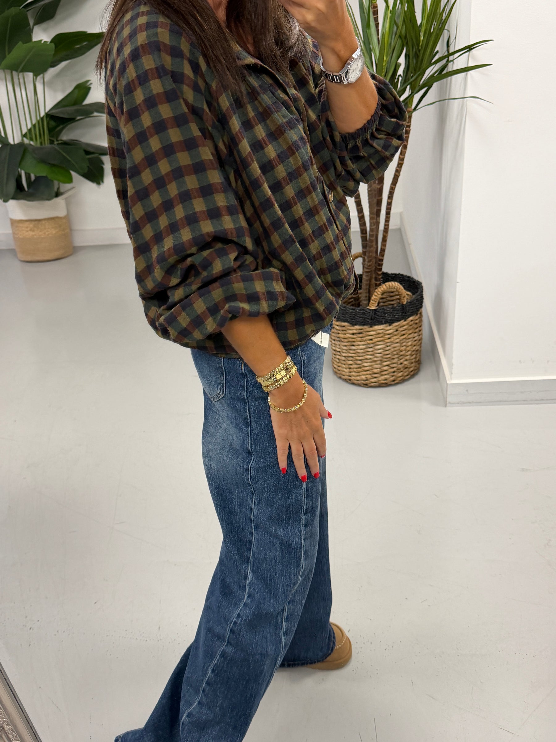 Autumn Check Button Up Bomber - Green