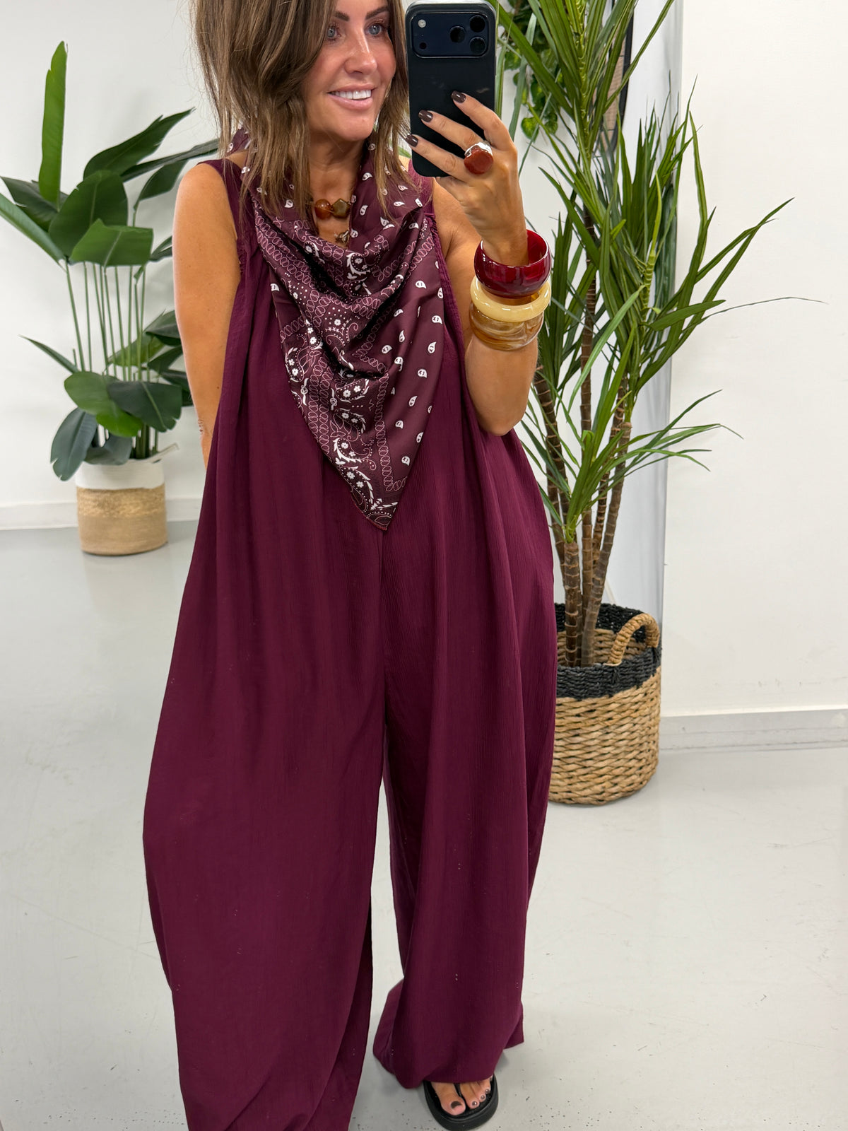 Bandana Scarf Crinkle Jumpsuit - Wine