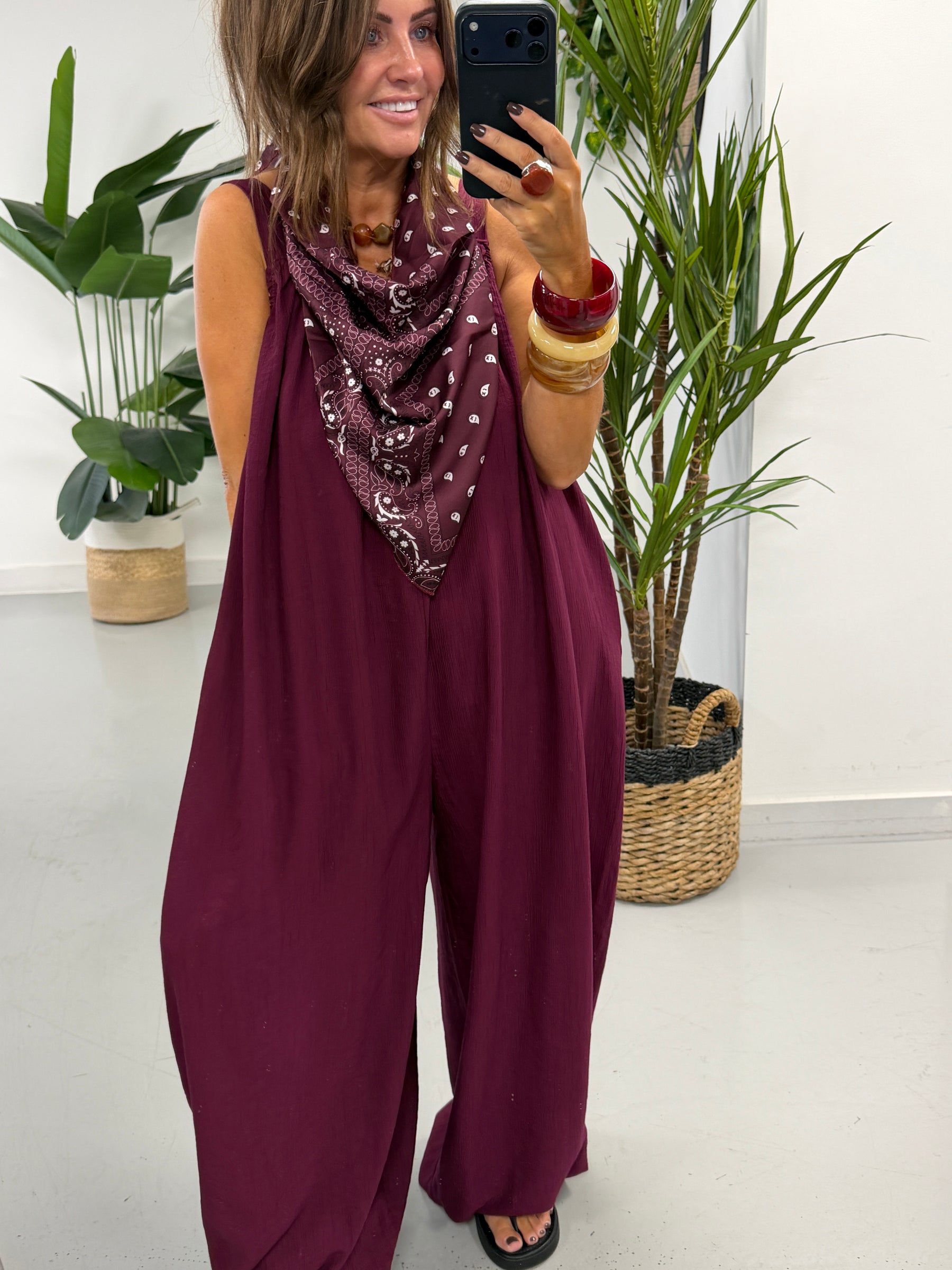 Bandana Scarf Crinkle Jumpsuit - Wine