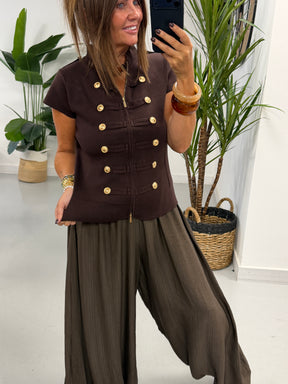 Capped Sleeve Military Waistcoat - Chocolate
