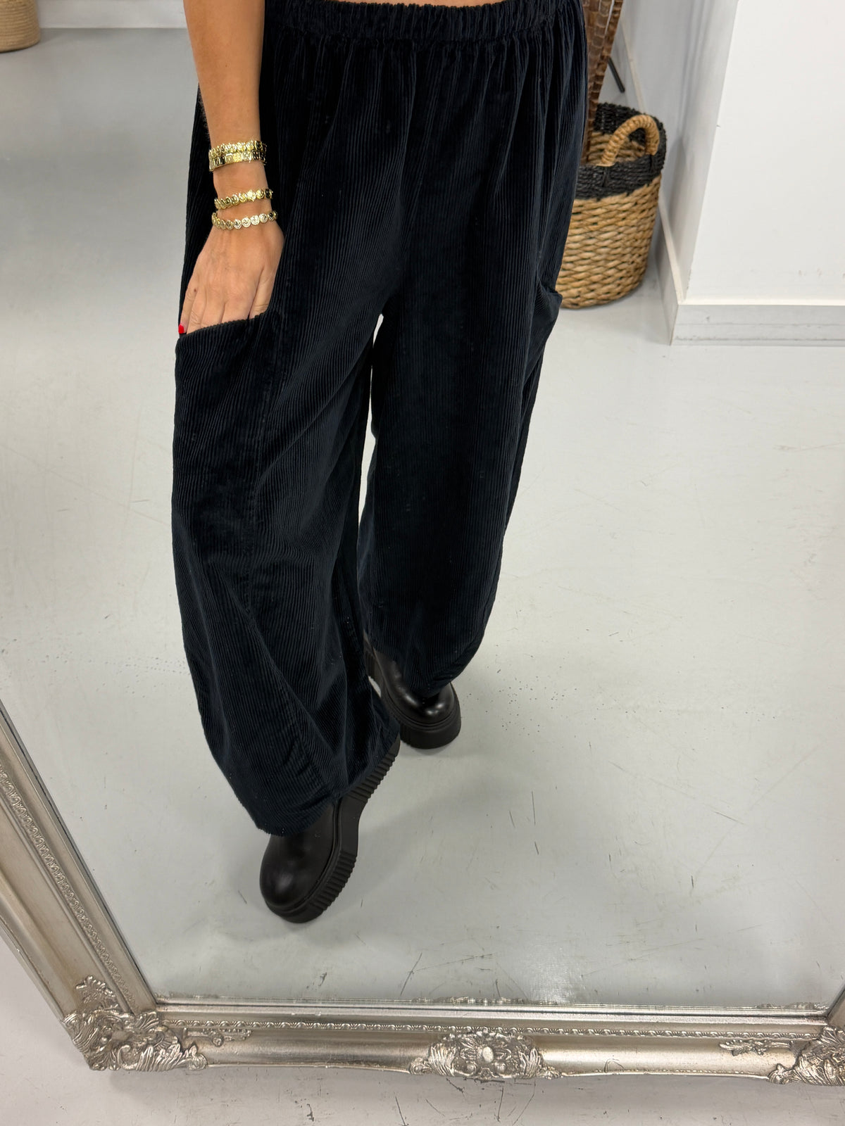 Cord Front Pocket Barrel Trousers - Black (Size 12 - 18)