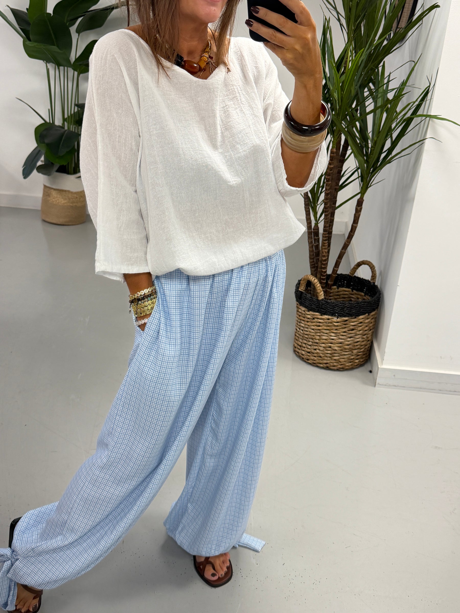Checked Tie Cuff Trousers -Blue