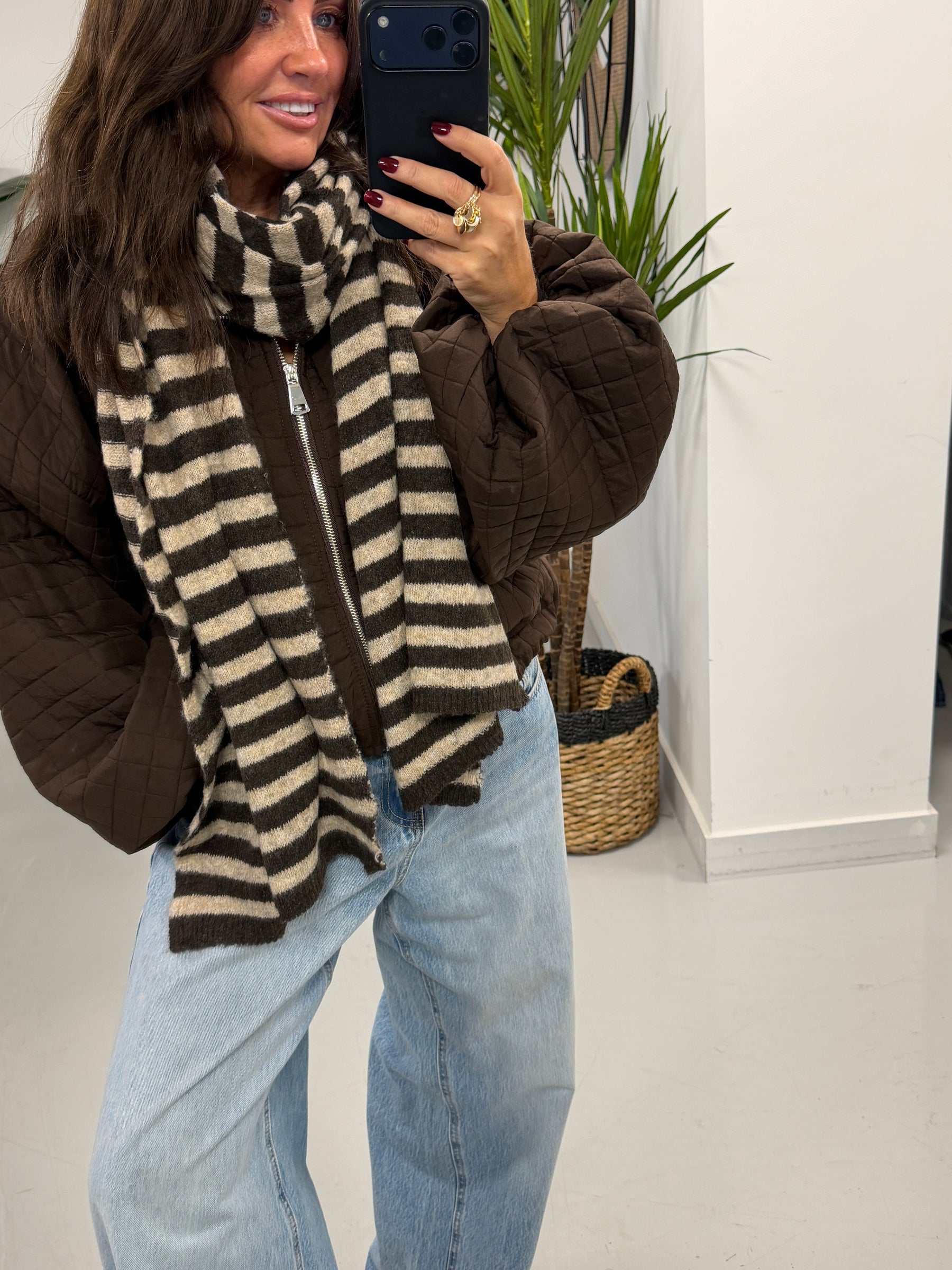 Wool Mix Stripe Scarf - Chocolate/Cream